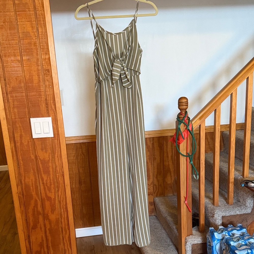 Lavender Field Olive Green Striped Tie-Front Jumpsuit